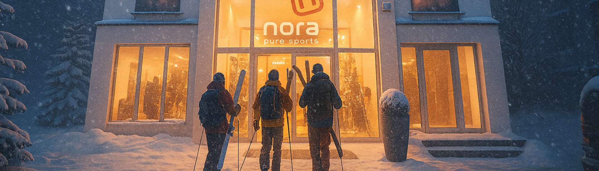 Skifahrer gehen auf Eingang von Sportgeschäft zu, Nacht, tiefwinterlich, Schneefall | © Albert Reiter