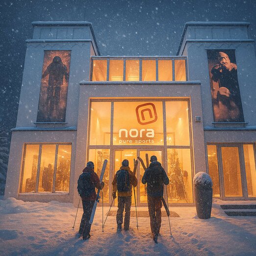 Skifahrer gehen auf Eingang von Sportgeschäft zu, Nacht, tiefwinterlich, Schneefall | © Albert Reiter