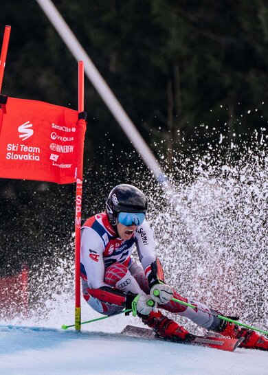 Skirennläufer passiert Tor in tiefer Hocke | © Albert Reiter